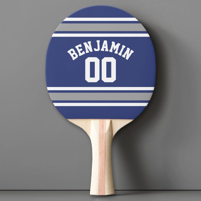 Raquette De Ping Pong Blue and Silver Sports Jersey Nom personnalisé Num (Custom Ping Pong Paddle with a Sports Theme)