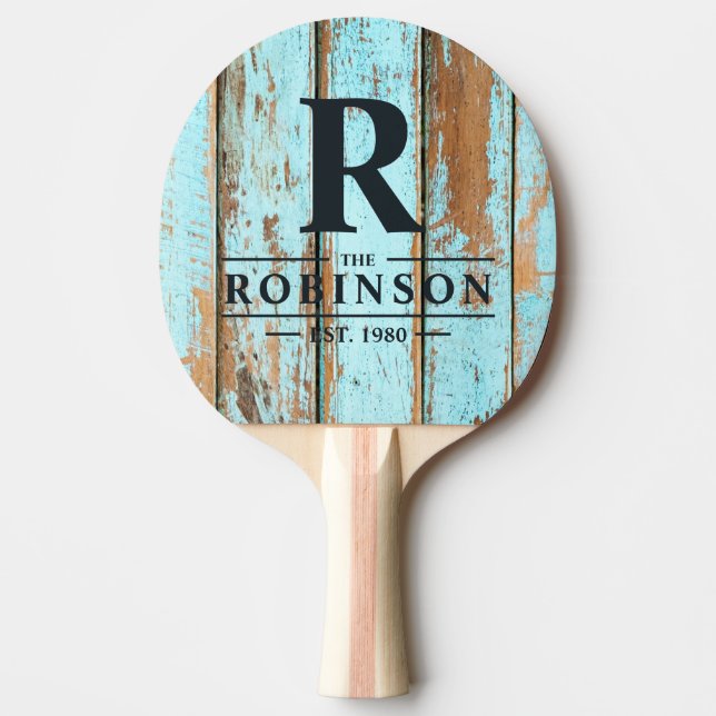 Raquette De Ping Pong Blue Wash Wood Family Name & Initial (Devant)