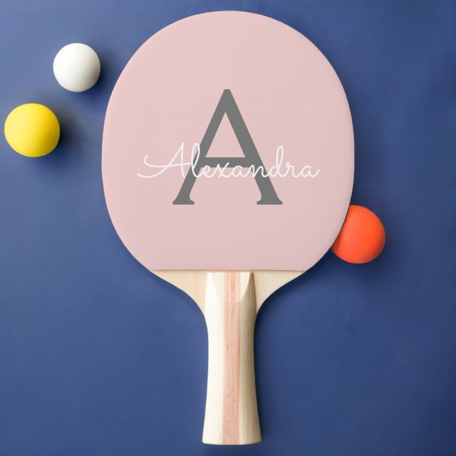 Raquette De Ping Pong Blush Pink Grey Modern Script Girly Monogram (Créateur téléchargé)