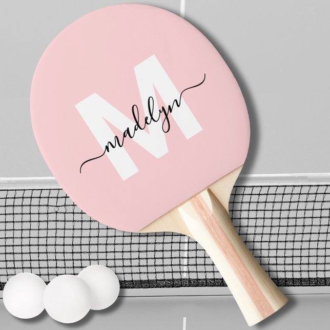 Raquette De Ping Pong Blush Rose Écriture Moderne Monogramme Féminin (Blush Pink Modern Script Name Girly Monogram Ping Pong Paddle)