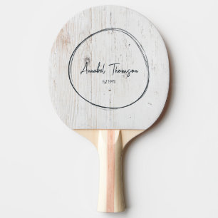 Raquette De Ping Pong Bois blanc peint Nom dans un cercle dessiné