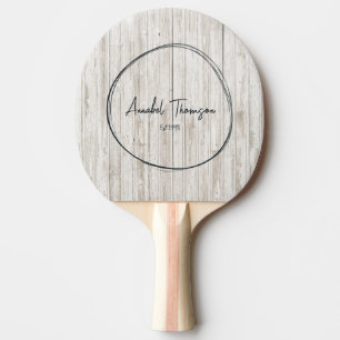 Raquette De Ping Pong Bois Blanchi à la Chaux Nom dans un Cercle Dessiné