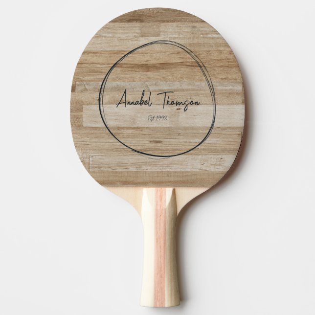 Raquette De Ping Pong Bois de Frêne Clair Nom dans Cercle Dessiné (Devant)