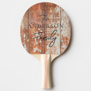 Raquette De Ping Pong Bois de grange usé avec nom de famille écrit à la 