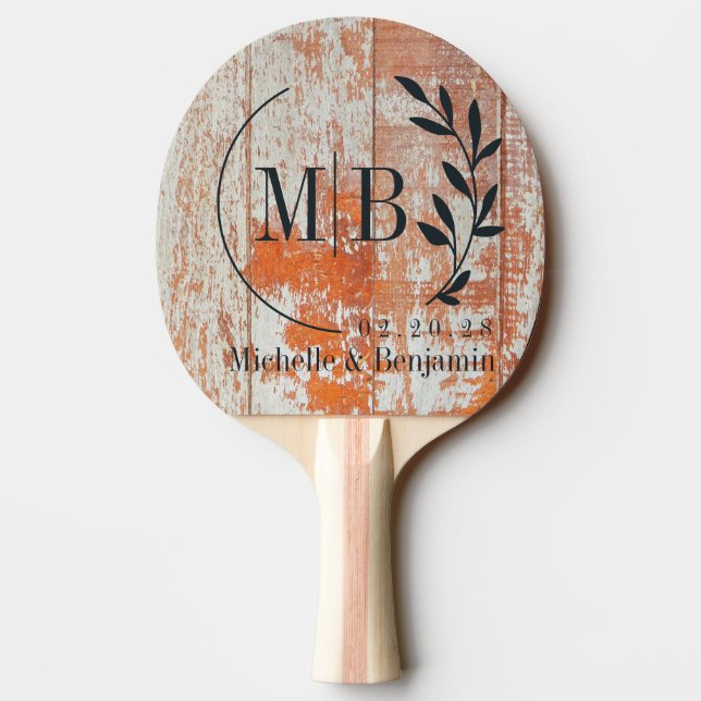 Raquette De Ping Pong Bois de grange usé Monogramme de mariage à feuille (Dos)