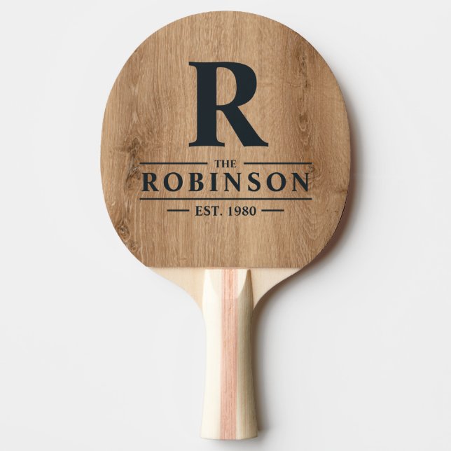Raquette De Ping Pong Bois de Teck Clair Nom de Famille & Initiale (Devant)