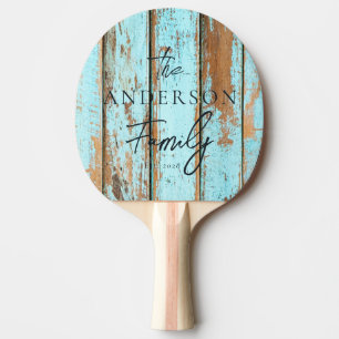 Raquette De Ping Pong Bois lavé bleu nom de famille écrit à la main