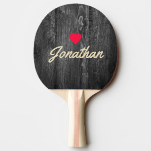 Raquette De Ping Pong Bois Vieilli Foncé Signature de Coeur Vintage