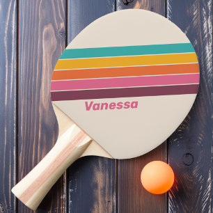 Raquette De Ping Pong Bonbons Vintage Rayures Arc-en-ciel avec Nom