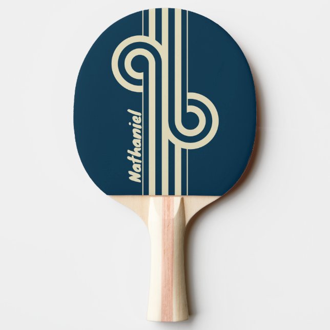 Raquette De Ping Pong Boucle à double rayure fade Navy rétro avec nom (Dos)