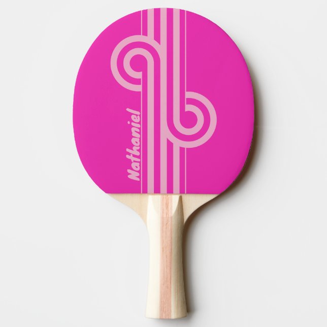 Raquette De Ping Pong Boucle à double rayure rétro ciel rose avec nom (Dos)