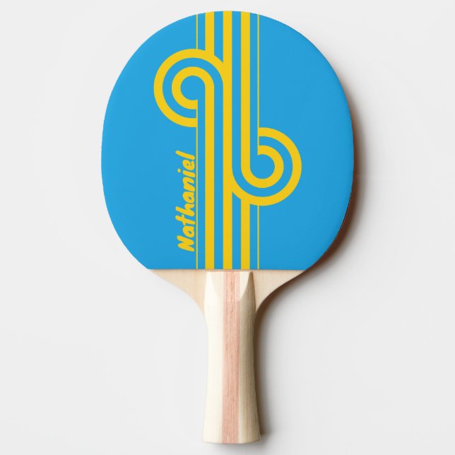 Raquette De Ping Pong Boucle de rayure de récif Aqua Rétro avec nom (Dos)