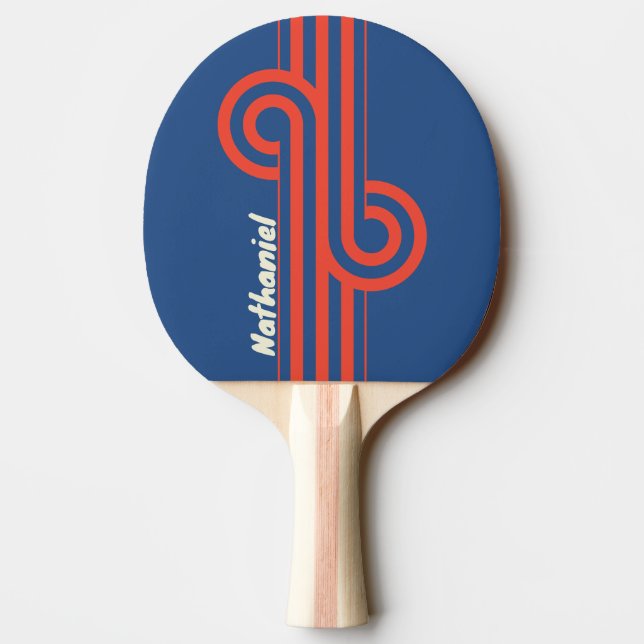 Raquette De Ping Pong Boucle rayée rétro rouge et bleu avec nom (Dos)