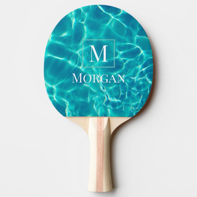 Raquette De Ping Pong Cadre personnalisé Monogramme & Nom Blanc Eau Pisc (Dos)
