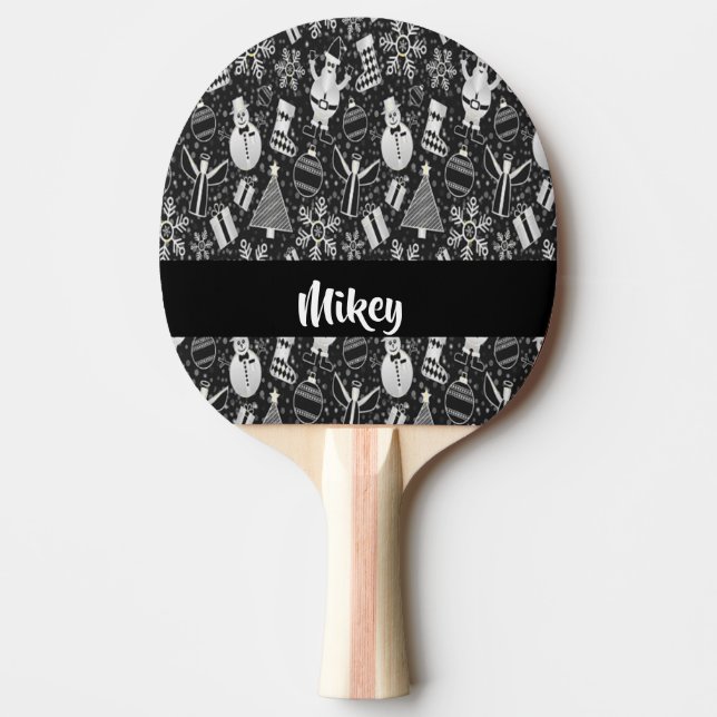 Raquette De Ping Pong Caractères de Noël noir et blanc (Devant)