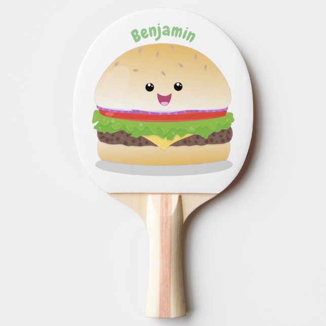 Raquette De Ping Pong Caricature de hamburger kawaii joyeux (Devant)