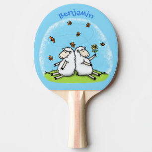 Raquette De Ping Pong Caricature de moutons mignons amis et papillons