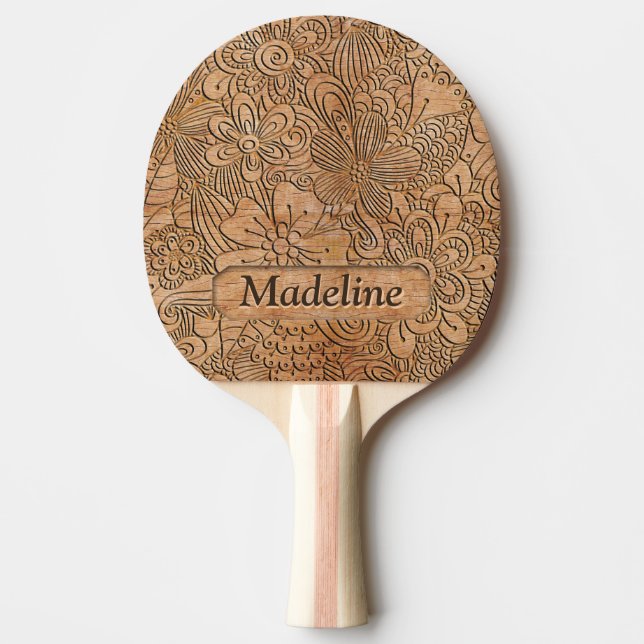 Raquette De Ping Pong Carvages en bois Motif floral personnalisé (Devant)