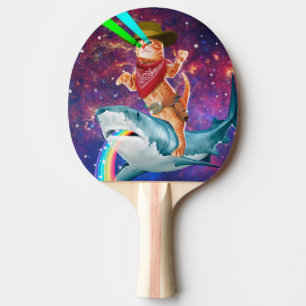 Raquette De Ping Pong Cat Cowboy chevauchant un requin crachant un arc-e