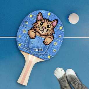 Raquette De Ping Pong Chat Brown dans la poche Faux Denim avec nom perso