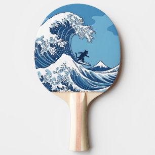 Raquette De Ping Pong Chat drôle surfant la Grande Vague au large de Kan