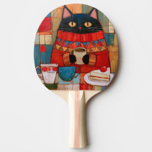 Raquette De Ping Pong Chat noir confortable buvant du café au café