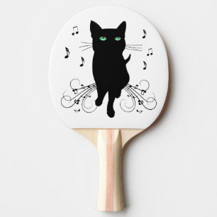 Raquette De Ping Pong Chat noir entouré de notes de musique chuchotantes