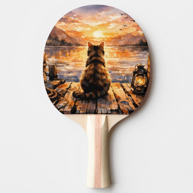 Raquette De Ping Pong Chat sur le quai au coucher du soleil (Devant)