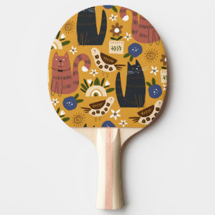Raquette De Ping Pong Chats vintages et oiseaux, Main Tirée.