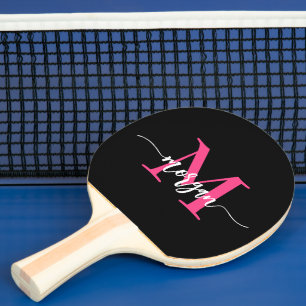 Raquette De Ping Pong Chaud rose noir moderne Script Girl Monogramme Nom
