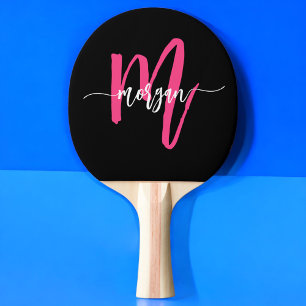 Raquette De Ping Pong Chaud rose noir moderne Script Girl Monogramme Nom