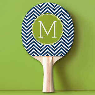 Raquette De Ping Pong Chevrons bleu marine et vert citron Monogramme per