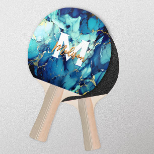 Raquette De Ping Pong chic aqua bleu marbre faux or parties scintillant