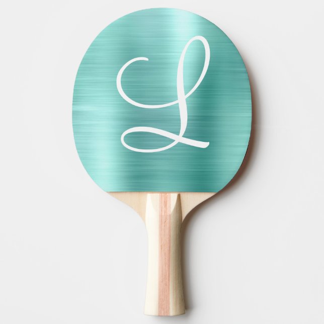 Raquette De Ping Pong Chic Aqua Brossé Métal Monogramme blanc (Devant)