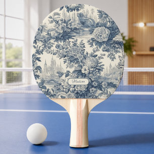 Raquette De Ping Pong Chic floral vintage monogramme toile de jouy bleue