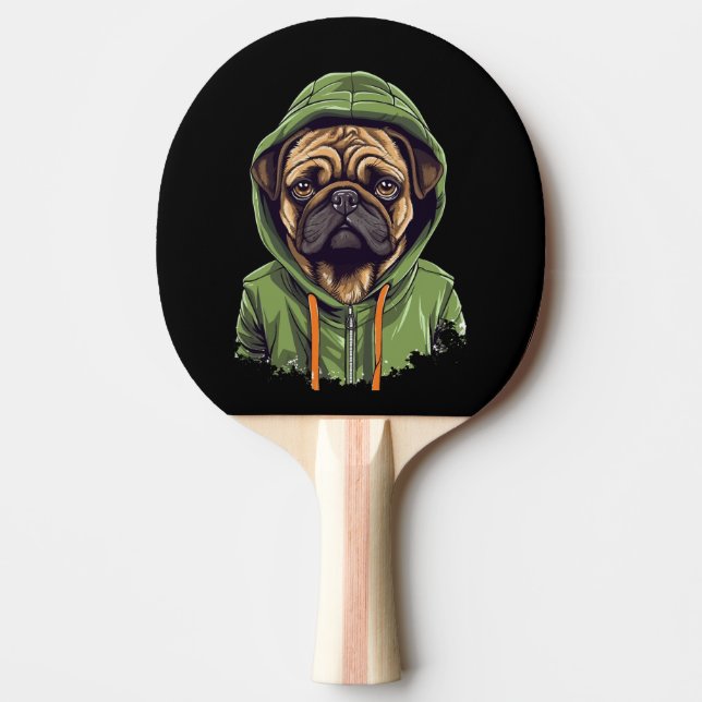 Raquette De Ping Pong Chien carlin portant Sweat - shirt à capuche vert (Devant)