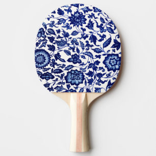 Raquette De Ping Pong Chinois bleu marine foncé motif floral sur blanc