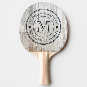 Raquette De Ping Pong Cœur de monogramme de mariage en bois blanchi pati