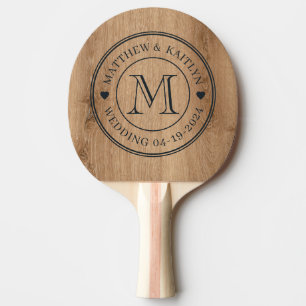 Raquette De Ping Pong Cœur de monogramme de mariage en bois de teck clai