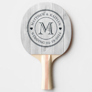 Raquette De Ping Pong Cœur de monogramme de mariage en bois gris clair p