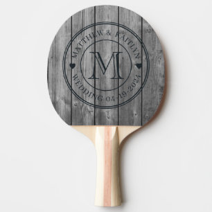 Raquette De Ping Pong Cœur de monogramme de mariage en bois gris propre 