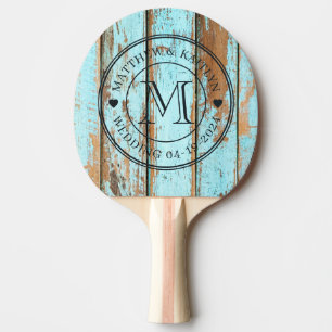 Raquette De Ping Pong Cœur de monogramme de mariage en bois lavé bleu