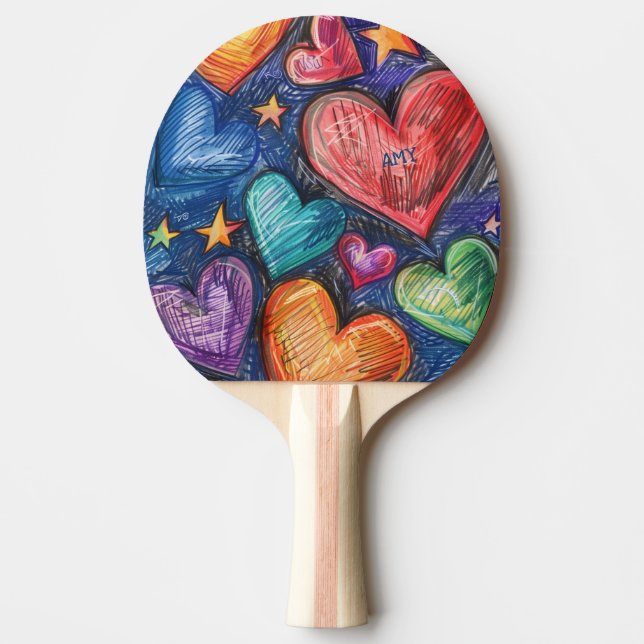 Raquette De Ping Pong Coeurs et étoiles dessinés à la main (Devant)