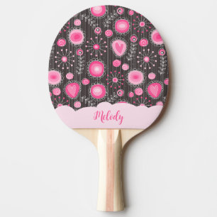 Raquette De Ping Pong Coeurs gris rose blanc et nom fleuri