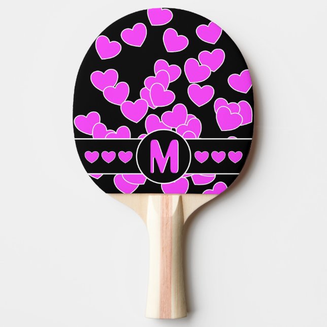Raquette De Ping Pong Coeurs roses Frappants Sur Noir / Blanc, Monogramm (Devant)