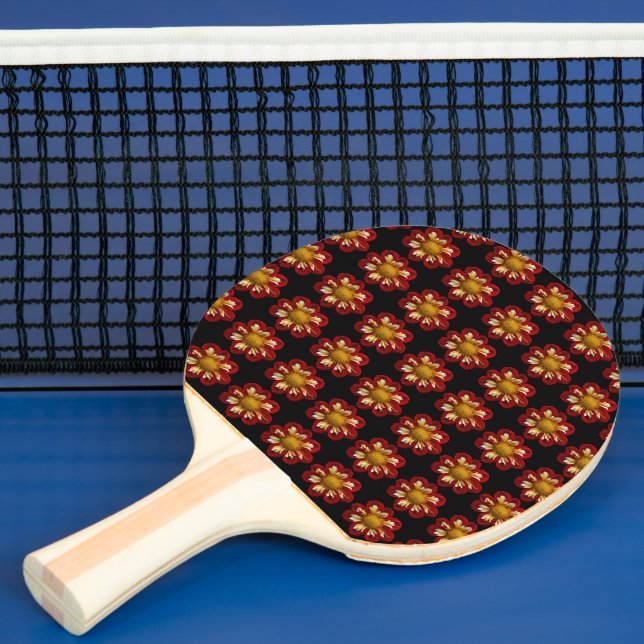 Raquette De Ping Pong Collarette rouge Dahlia motifs floraux sur noir (Insitu)