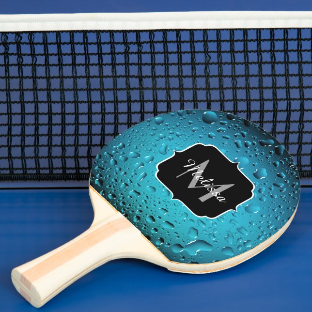 Raquette De Ping Pong Cool élégant Bleu gouttes d'eau Monogramme (Insitu)