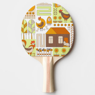 Raquette De Ping Pong Coq, poules, dessin géométrique floral.