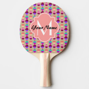 Raquette De Ping Pong Coral Cupcake Nom personnalisé, Monogramme personn