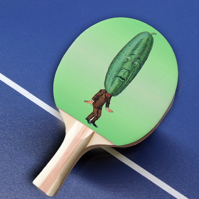 Raquette De Ping Pong Costume Brown Imaginaire Pickle Man (Silly man with big green pickle head and face in brown suit on green ping pong paddle.)